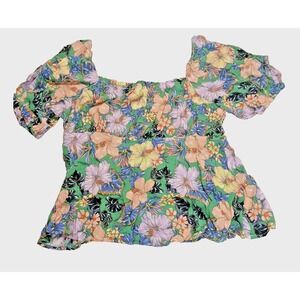 Floral‎ Print Peplum Top Ruffle Sleeve Green Pink Yellow Blouse